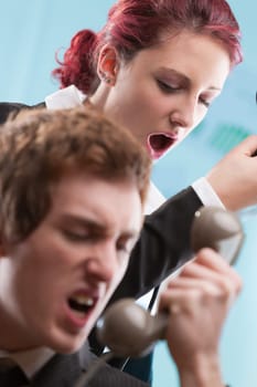 Chaos in the call center! Trained staff in business attire managing intense phone conversations