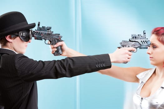 In a passionate gun-fu standoff, steampunk hero confronts silver siren. Their destinies entwined in a John Woo face-off. Weapons drawn, awaiting victory or a humorous twist of cramps