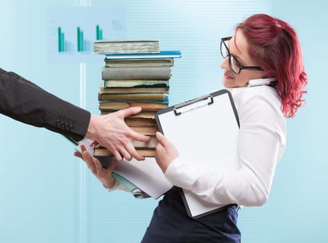 Unfair workload: an overburdened woman faces further pressure from male bosses. Power abuse and inefficiency