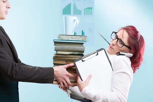 Power abuse at work: male bosses dump tasks onto an overworked female worker. Unjust and inefficient!
