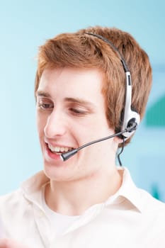 Red-haired call center agent, productivity charts looming in the blur. Portraying the real struggle