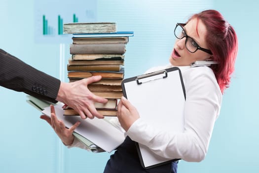 Overworked woman burdened with tasks by male superiors. A clear example of power abuse at work