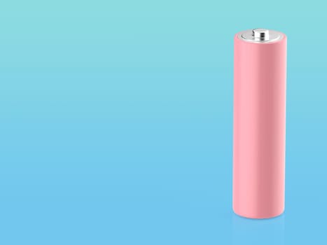 Pink AA size battery on blue background, copy space