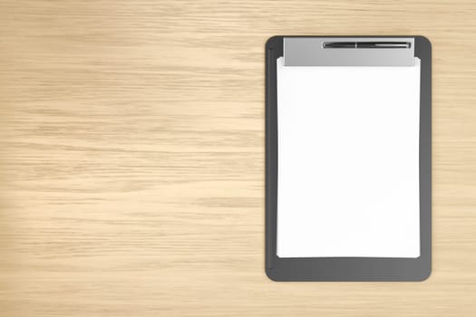 Top view of plastic clipboard with blank paper and pen on wooden desk