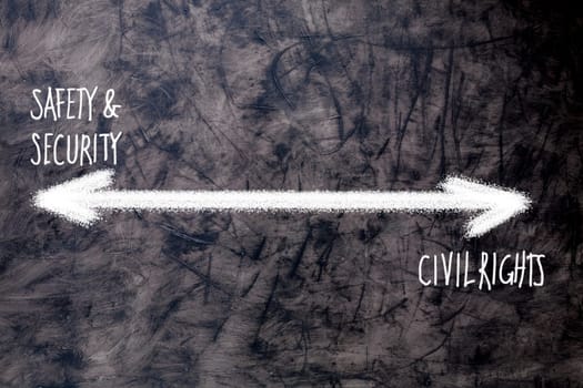 stark choice is illustrated against a grungy black background: enhanced societal security versus diminishing civil rights. Is this just a muscle-bound militaristic view, or can other solutions be expl