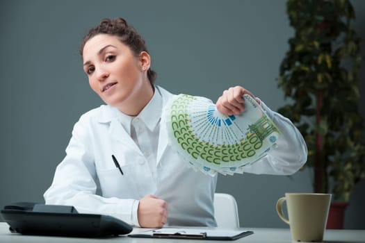 Gangster-style woman in a scientist's coat, handling money as her primary focus. The depiction subtly critiques intermediaries diluting the authenticity of the science sector