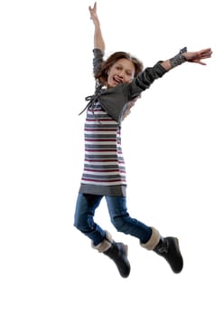 Portrait of a long-haired girl, bubbling with joy, bouncing with excitement. She's wearing a striped sweater, grey cardigan, jeans and furry boots, on a white background