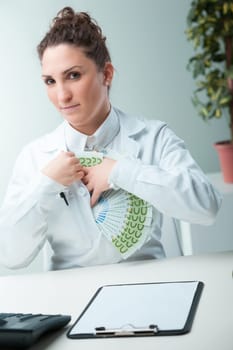 Scientist? Or gangster? A woman's ironic display of wealth in scientific attire critiques intermediaries muddying genuine research and shareholder profit motivations