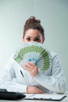 Satire shines as a defiant scientist woman showcases wealth. The imagery critiques intermediaries, hinting at potential dilution between true science and shareholder interestsindustry's possible conta