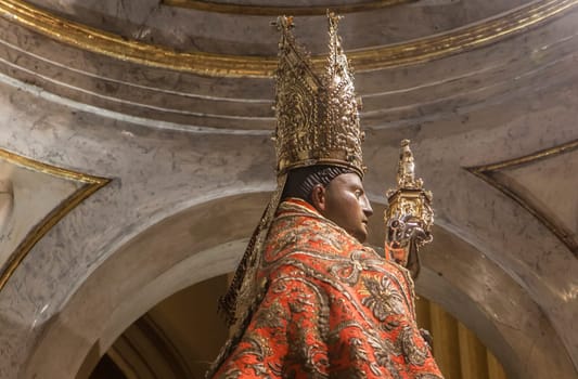 Pamplona, Spain - March 3rd, 2024: San Fermin Patron Saint figure at San Lorenzo Church, Pamplona, Navarra, Spain. Side view