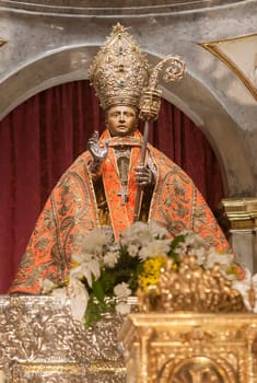 Pamplona, Spain - March 3rd, 2024: San Fermin Patron Saint figure at San Lorenzo Church, Pamplona, Navarra, Spain. Front view