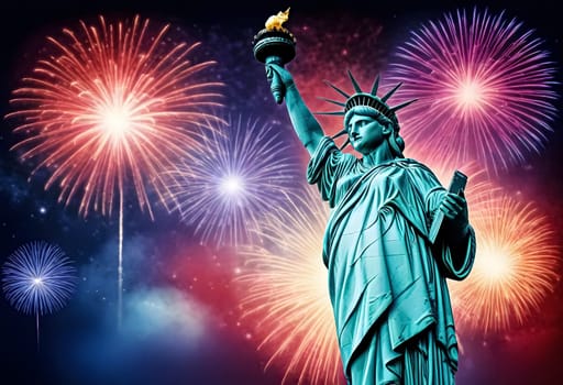 AI generated of a poster with fireworks and the statue of liberty