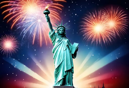 AI generated of the statue of liberty is in the sky with fireworks