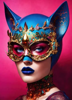 Portrait of a beautiful young woman with bright make up and Venetian mask. ai generative.