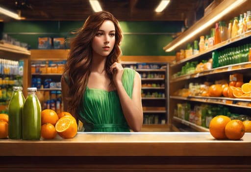 The beautiful woman is looking at the shelves to buy something from the supermarket. ai generative.