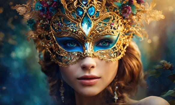 Beautiful young woman in a Venetian mask at the masquerade. ai generative.
