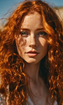 Portrait of a beautiful redhead girl with freckles on her face. ai generative.