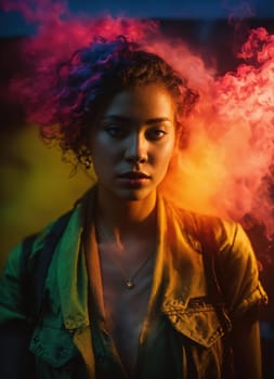 Beautiful young woman with colorfull hair in colorful smoke. ai generative.