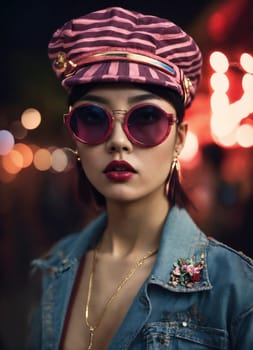 Fashion portrait of young beautiful asian woman with short hairstyle and sunglasses in a stylish dress. ai generative.