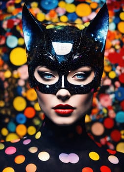 Portrait of a beautiful young woman with bright make up and Venetian mask. ai generative.