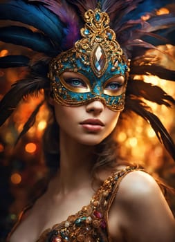 Beautiful young woman in a Venetian mask at the masquerade. ai generative.