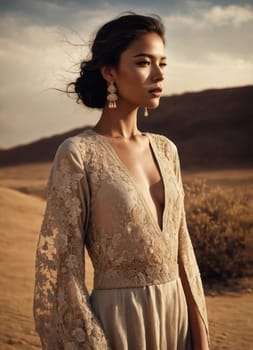 Portrait of a beautiful woman in the desert at sunset, wearing a long white dress. ai generative.