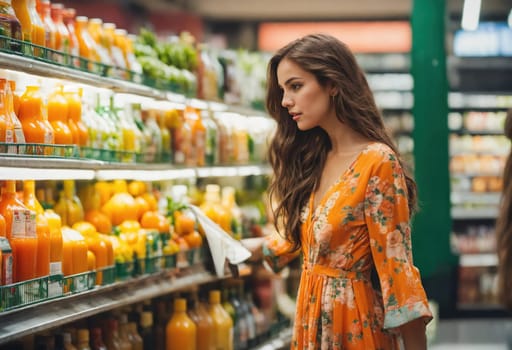 The beautiful woman is looking at the shelves to buy something from the supermarket. ai generative.