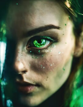 Close up shot of a beautiful woman's eye through broken glass. ai generative.