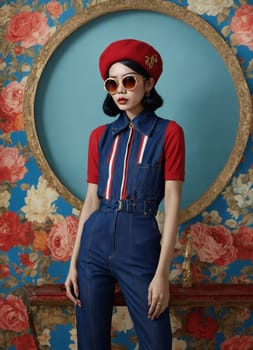 Fashion portrait of young beautiful asian woman with short hairstyle and sunglasses in a stylish dress. ai generative.