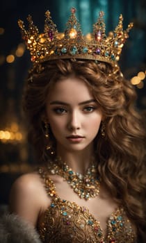 Portrait of beautiful young woman in crown. Luxury makeup and hairstyle. ai generative.