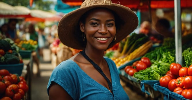 Young african woman at the local market buying fruits and vegetables. ai generative.