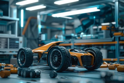 An orange toy car smoothly glides along a conveyor belt, moving forward in a playful and exciting journey.