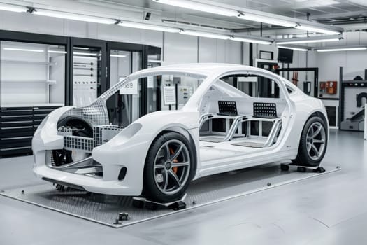 A white car is undergoing maintenance and repairs inside a well-equipped garage.