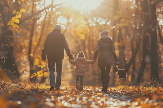 A family holding hands walks peacefully through the woods, enjoying natures beauty together.
