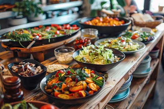 A long table laden with an array of diverse foods showcasing a culinary delight of colors, textures, and flavors.