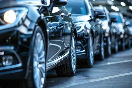 A line of cars neatly parked in a parking lot.