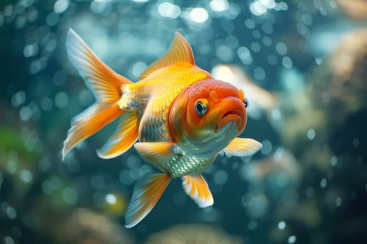 A close up view of a vibrant goldfish swimming gracefully in a beautifully decorated aquarium with colorful plants and rocks.