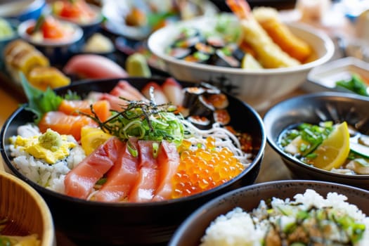 A variety of delicious foods fill bowls on a beautifully set table, offering a spread of options for a fresh and satisfying meal.