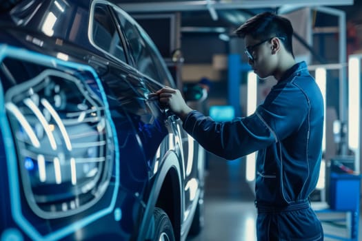 A man expertly repairs a car in a dimly lit garage filled with tools and machinery.