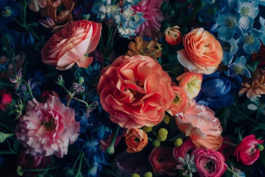 A variety of vibrant flowers arranged neatly on a table, creating a colorful and fragrant display.