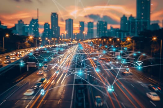 A bustling city street pulsating with a myriad of vehicles in constant motion, creating a vibrant mosaic of colors and sounds.