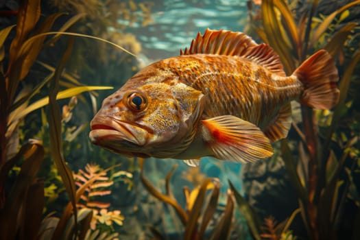 A beautiful fish gracefully swims through the clear water, its vibrant scales glistening in the sunlight as it moves effortlessly.