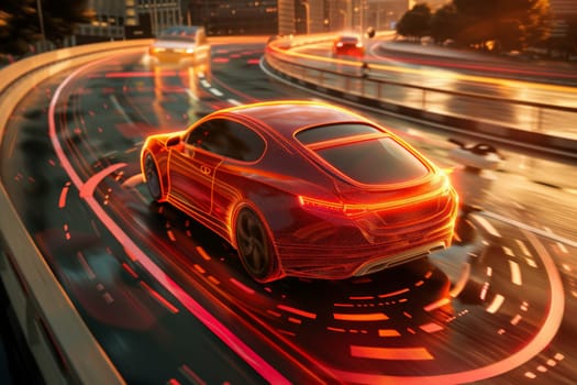A sleek, red car speeds down a dimly lit highway, casting a vibrant trail of tail lights in its wake.