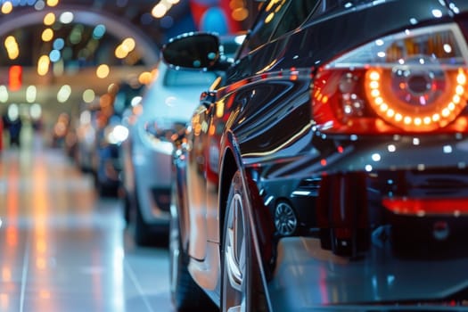 A row of parked cars neatly lines a bustling city street as pedestrians pass by under the glowing city lights.