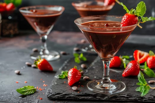 Indulge in two elegant glasses filled with luscious chocolate pudding and succulent strawberries.