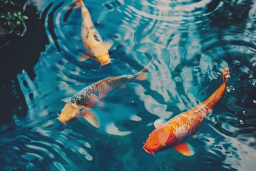 A mesmerizing scene unfolds as a group of colorful fish gracefully swim in harmony within a peaceful pond.