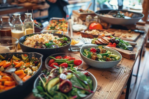 Various bowls filled with delicious food are elegantly arranged on a rustic wooden table, creating a visual feast for the senses.