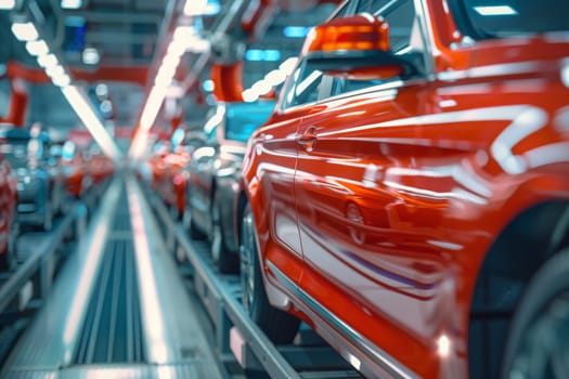 A line of cars moves along an automated assembly line in a factory, each vehicle being constructed and perfected step by step.