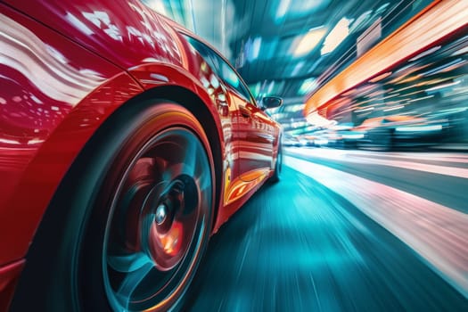 A vibrant red car smoothly navigates a bustling city street, exuding elegance and speed.