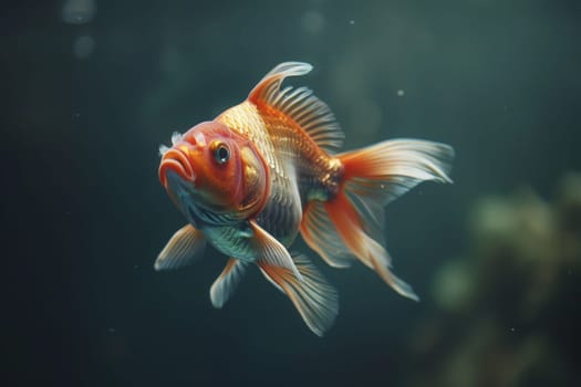 A stunning goldfish gracefully swims in an aquarium, its shimmering scales catching the light as it glides through the water.